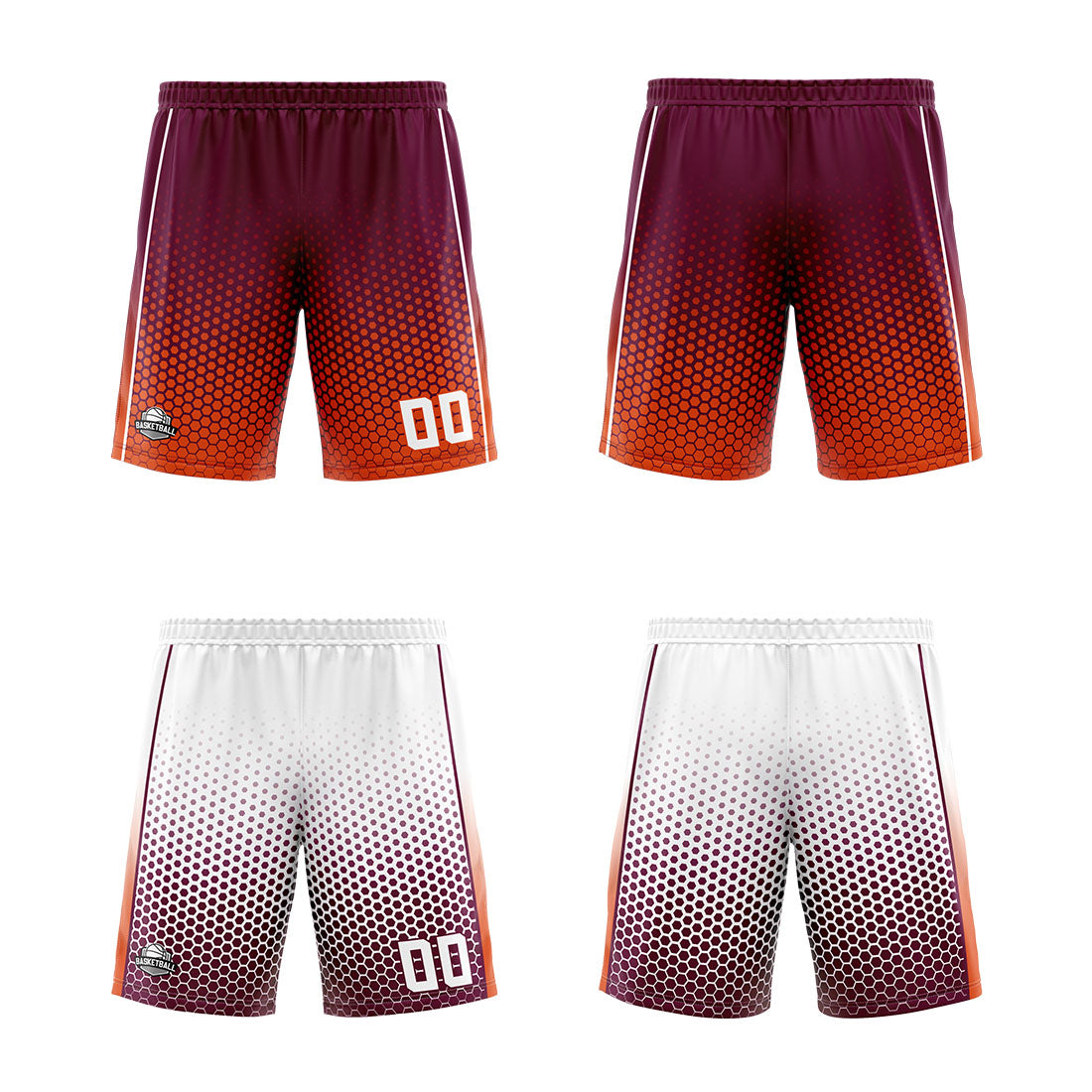 Traje de baloncesto reversible personalizado en color burdeos-naranja y blanco para adultos y niños
