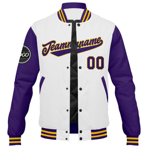 Chaqueta universitaria personalizada estilo Letterman para hombres-mujeres y jóvenes-color morado-blanco y amarillo