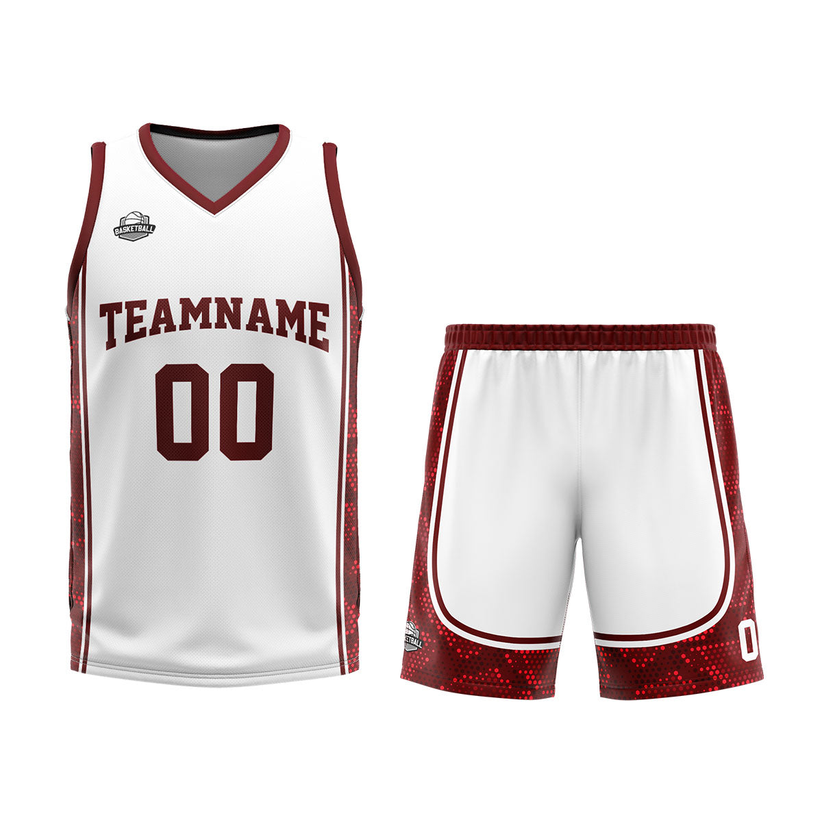 Uniforme de baloncesto personalizado blanco y rojo oscuro con tu logotipo-nombre y número impresos