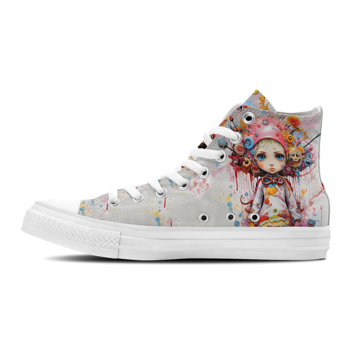 Whimsical Girl Sketch: Zapatillas unisex de media caña de lona -Adéntrate en un mundo mágico con estampados divertidos de chicas para hombres y mujeres