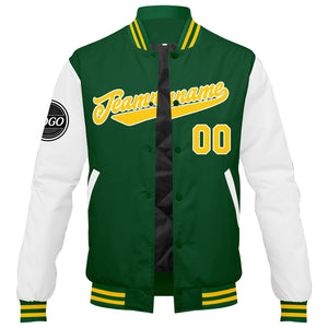 Chaqueta universitaria personalizada estilo Letterman para hombres-mujeres y jóvenes en colores verde-amarillo y blanco