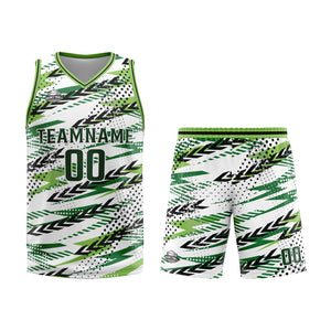 Uniforme de baloncesto personalizado blanco y verde con tu logotipo-nombre y número impresos