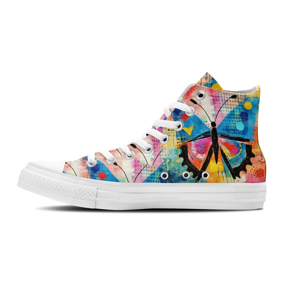 Elegancia revoloteante: Zapatillas de lona de media caña para hombre y mujer -Eleva tu estilo con estas zapatillas de lona de caña media que presentan la elegante belleza del arte de las mariposas