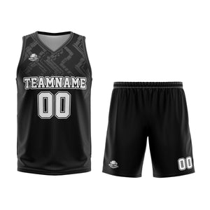 Uniforme de baloncesto personalizado en negro y gris con tu logotipo-nombre y número impresos