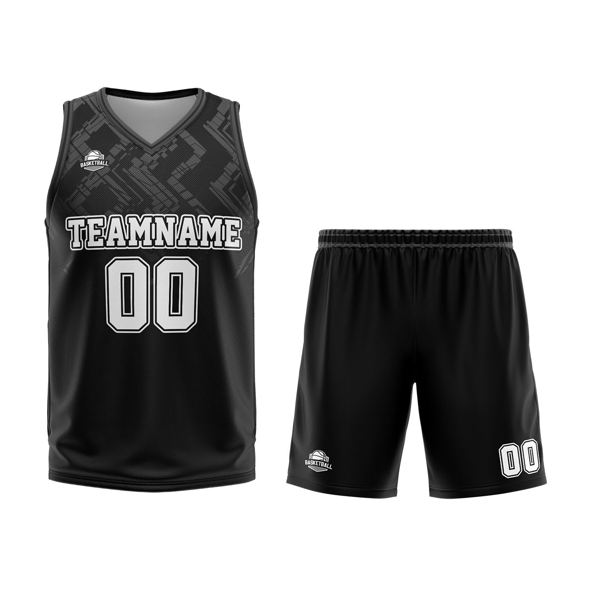Uniforme de baloncesto personalizado en negro y gris con tu logotipo-nombre y número impresos
