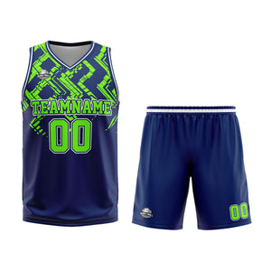 Uniforme de baloncesto personalizado azul marino verde neón con tu logotipo-nombre y número impresos