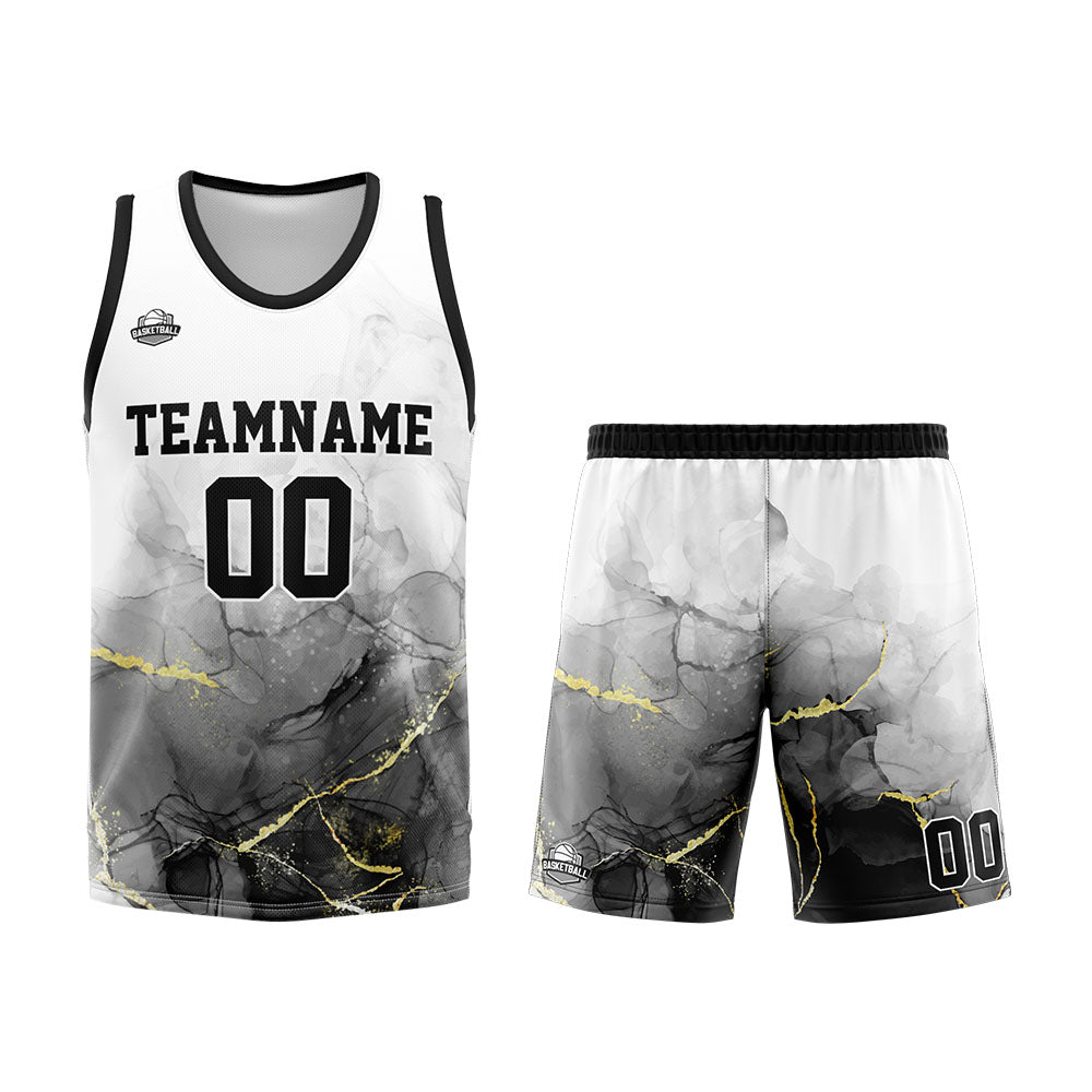 Uniforme de baloncesto personalizado en blanco y negro con tu logotipo-nombre y número impresos