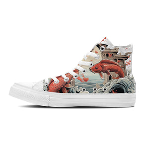 Lo tradicional se une a lo moderno: Zapatillas de lona de media caña que ilustran el milagro de los peces koi saltando sobre la Puerta del Dragón para hombre y mujer