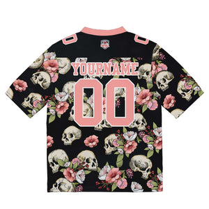 Camiseta de fútbol personalizada con nombre y número del equipo bordados y estampados en color rosa calavera