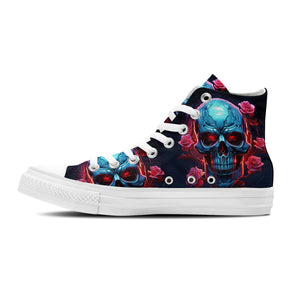 Skull Symphony: Zapatillas unisex de media caña de lona -Adéntrate en una vibrante melodía de color con un diseño de lápiz inspirado en calaveras para hombres y mujeres