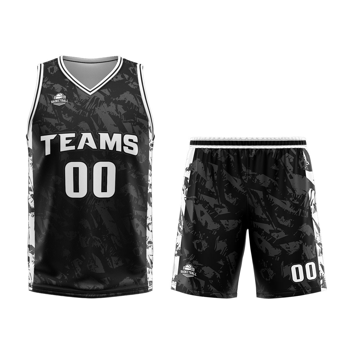 Uniforme de baloncesto personalizado negro y gris roto con tu logotipo-nombre y número impresos