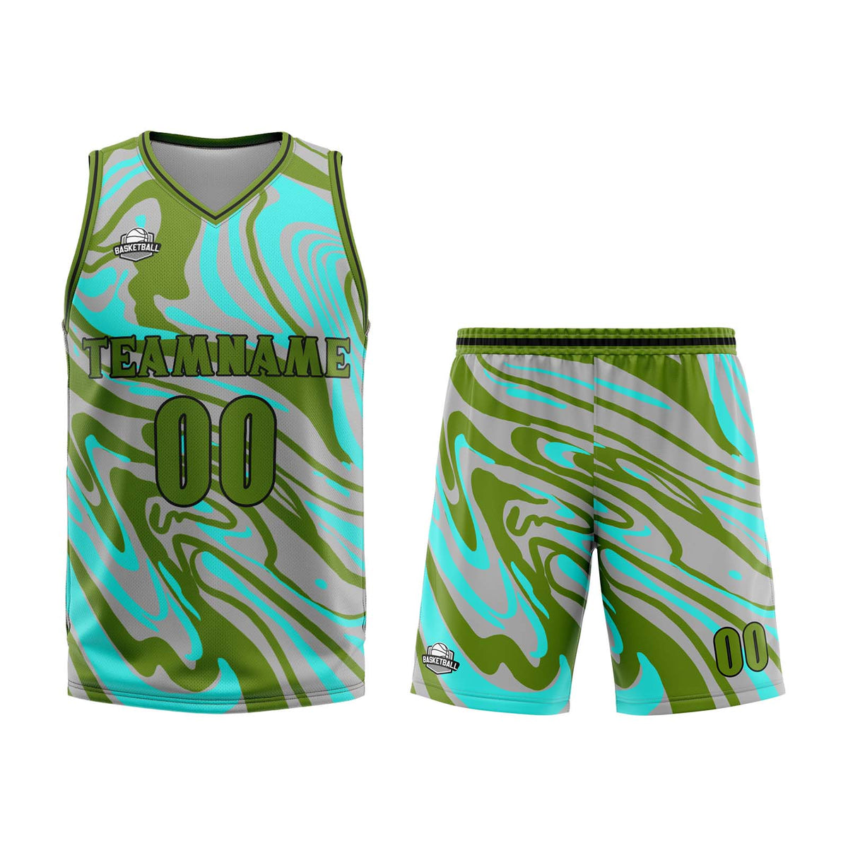 Uniforme de baloncesto personalizado en verde y gris fluido con tu logotipo-nombre y número impresos