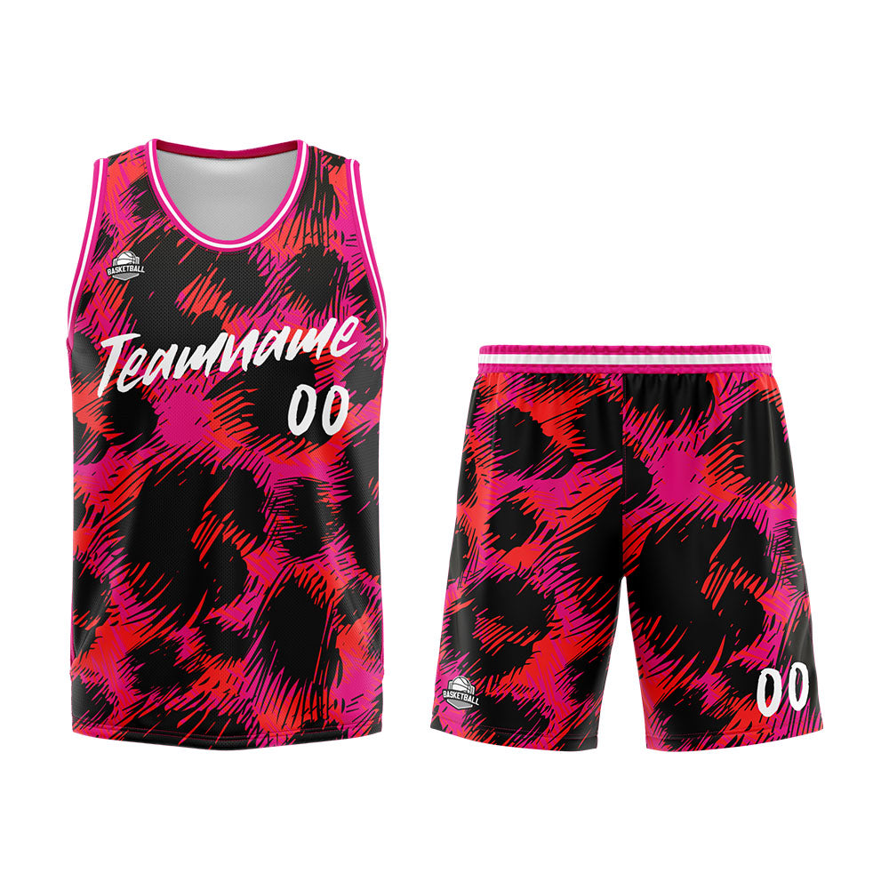 Uniforme de baloncesto personalizado con estampado de leopardo rosa y tu logotipo-nombre y número impresos