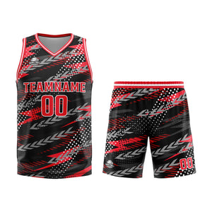Uniforme de baloncesto personalizado en negro y rojo con tu logotipo-nombre y número impresos