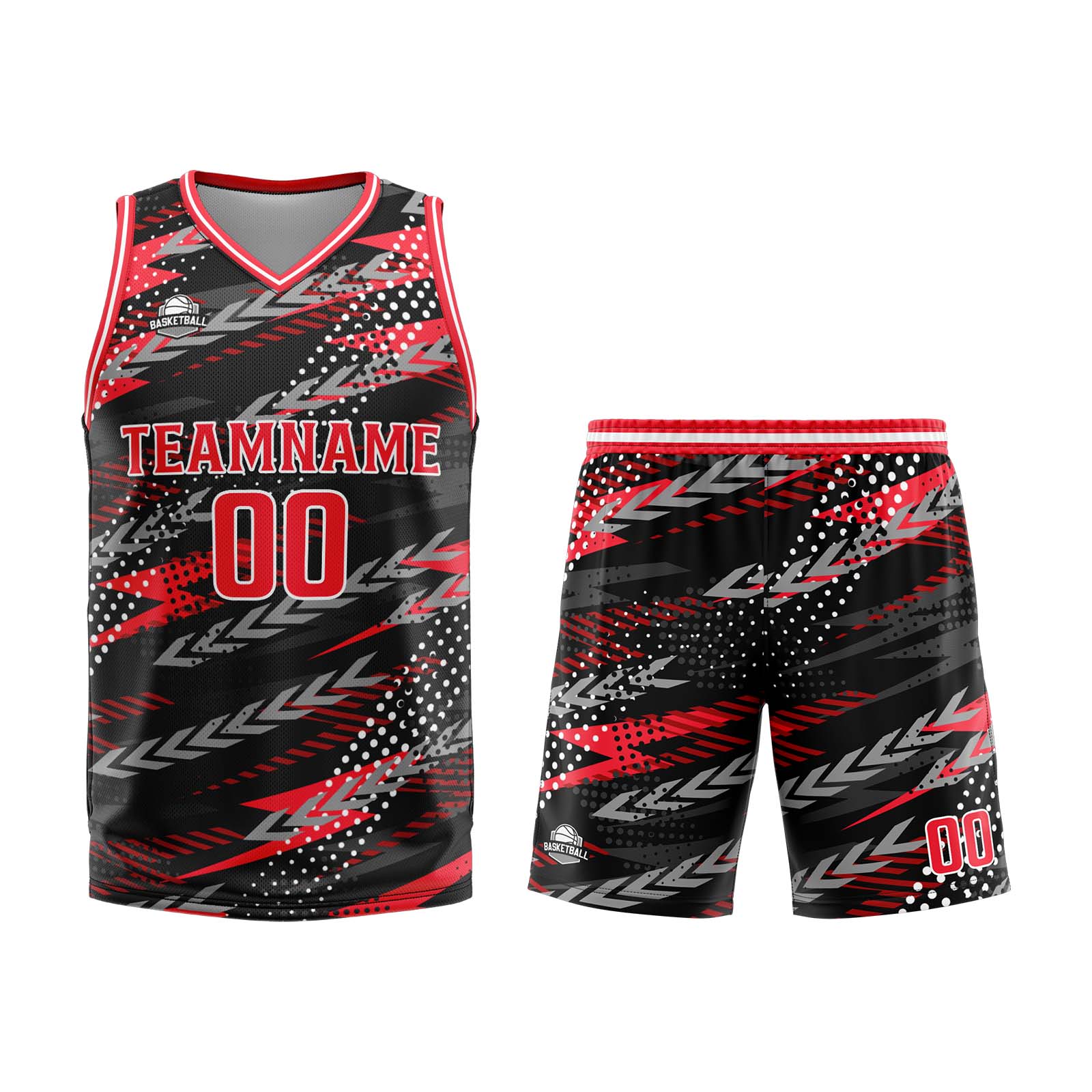 Uniforme de baloncesto personalizado en negro y rojo con tu logotipo-nombre y número impresos