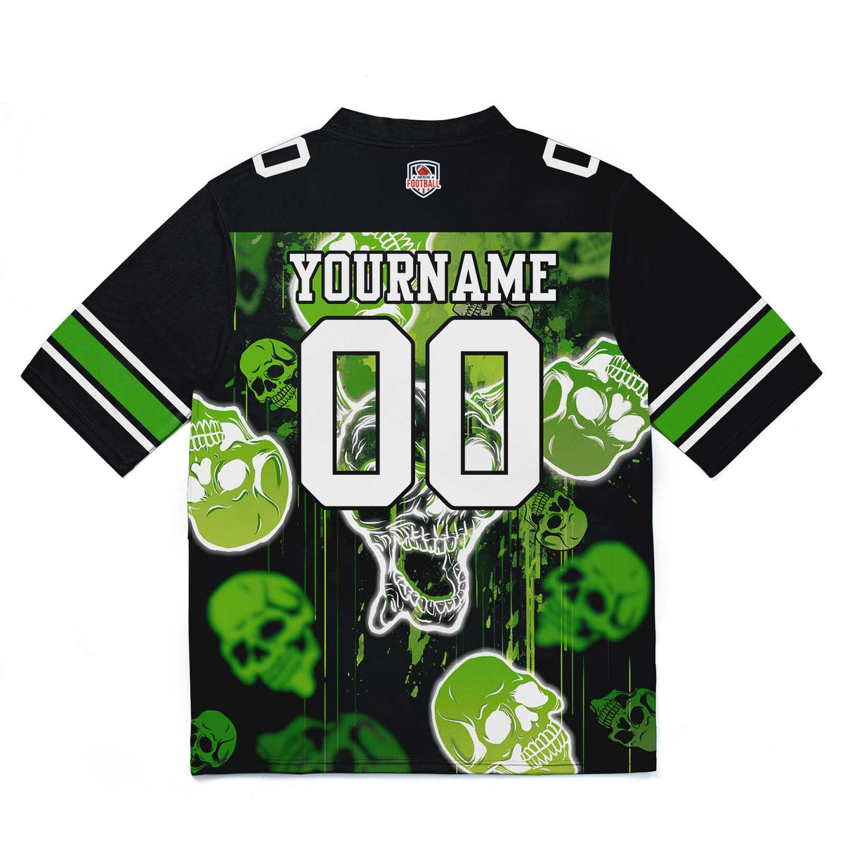 Camiseta de fútbol personalizada con nombre y número del equipo impresos y bordados-estilo grafiti con calavera verde