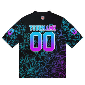 Camiseta de fútbol personalizada con nombre y número del equipo bordados y estampados en rosa y azul degradado