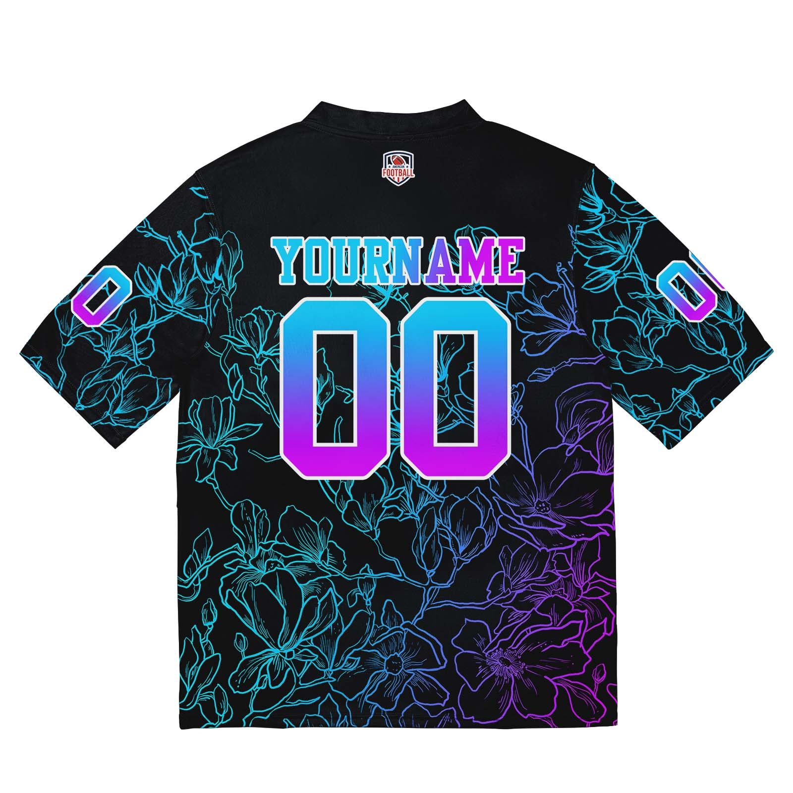 Camiseta de fútbol personalizada con nombre y número del equipo bordados y estampados en rosa y azul degradado
