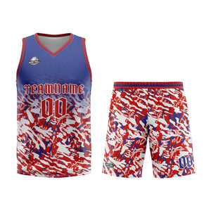Uniforme de baloncesto personalizado azul-rojo y blanco con tu logotipo-nombre y número impresos