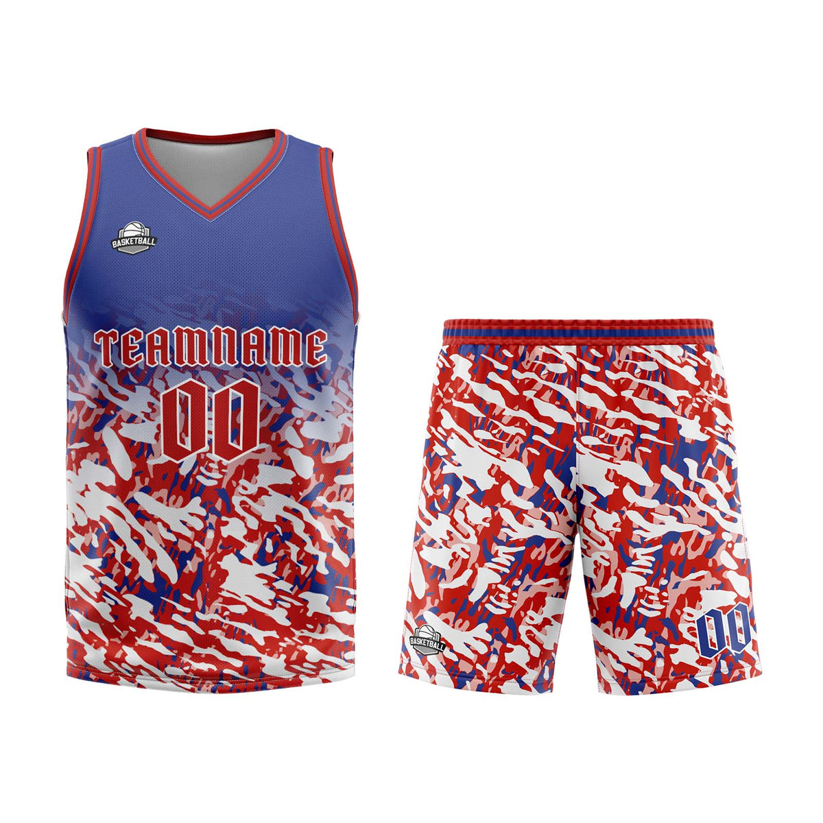 Uniforme de baloncesto personalizado azul-rojo y blanco con tu logotipo-nombre y número impresos
