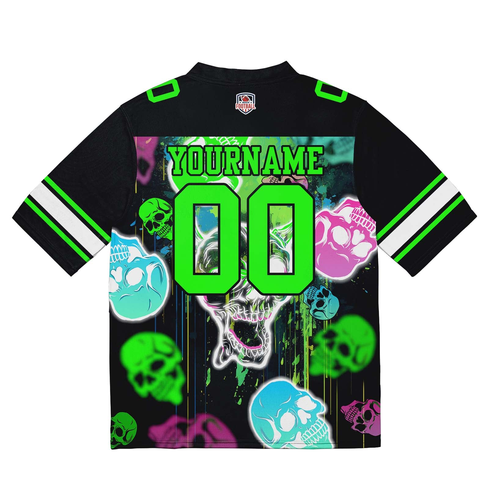 Camiseta de fútbol personalizada con nombre y número del equipo bordados y estampado de calavera estilo grafiti -Verde neón