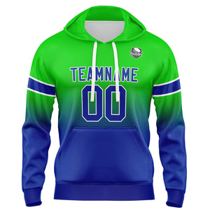 Sudadera con capucha personalizada con degradado para hombre-mujer-niña o niño Estampa tu logotipo-nombre y número en verde y azul