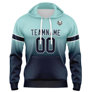 Sudadera con capucha personalizada con degradado para hombre-mujer-niña o niño Estampa tu logotipo-nombre y número en color verde azulado claro y azul marino