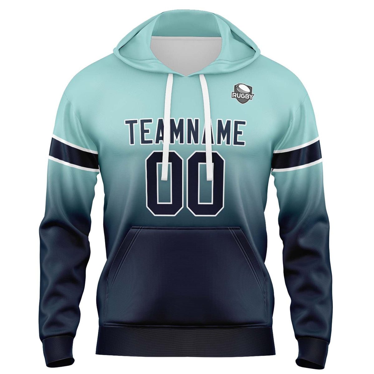 Sudadera con capucha personalizada con degradado para hombre-mujer-niña o niño Estampa tu logotipo-nombre y número en color verde azulado claro y azul marino