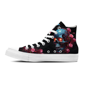 Skull Symphony: Zapatillas unisex de media caña de lona -Adéntrate en una vibrante melodía de color con un diseño de lápiz inspirado en calaveras para hombres y mujeres