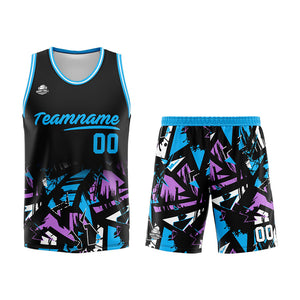 Uniforme de baloncesto personalizado en negro y azul claro con tu logotipo-nombre y número impresos