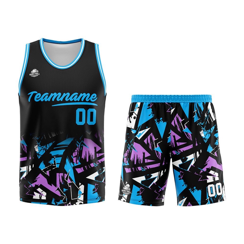 Uniforme de baloncesto personalizado en negro y azul claro con tu logotipo-nombre y número impresos