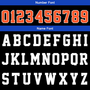 Uniforme de baloncesto personalizado en negro-naranja y azul marino con tu logotipo-nombre y número impresos
