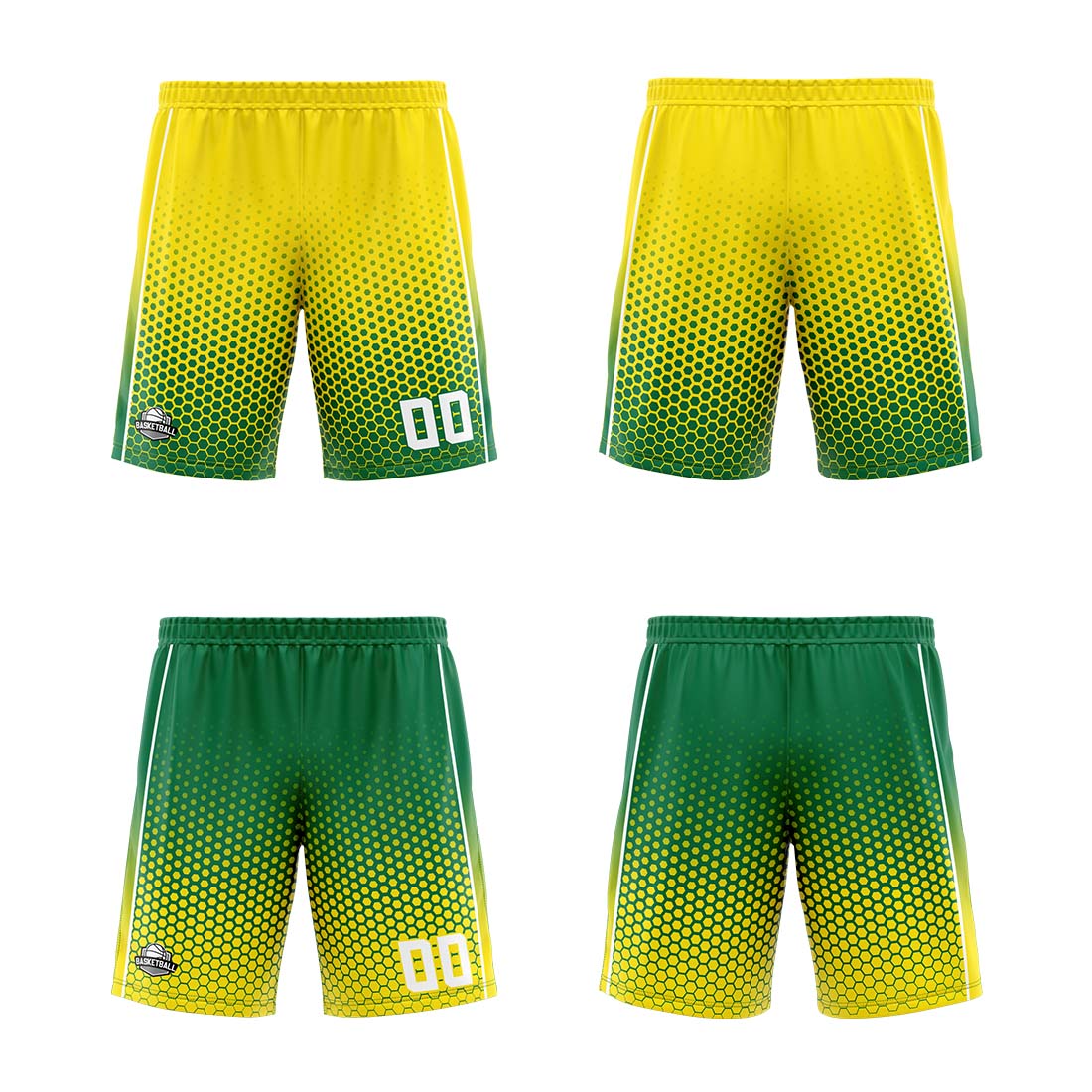 Traje de baloncesto reversible amarillo y verde personalizado para adultos y niños