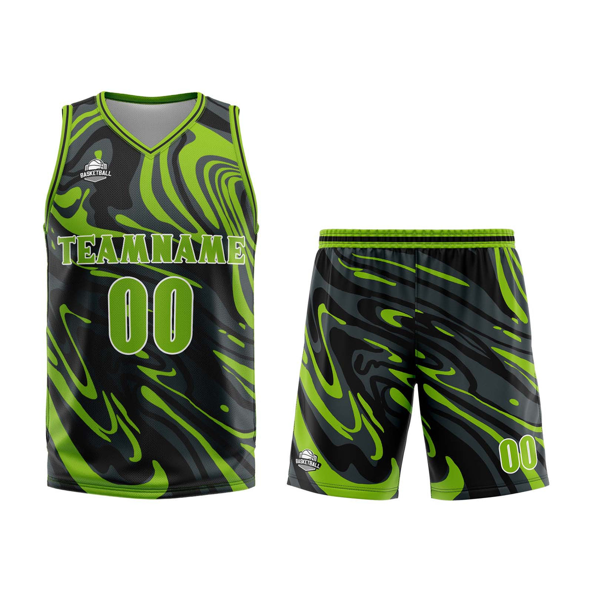Uniforme de baloncesto personalizado en verde fluido y negro con tu logotipo-nombre y número impresos