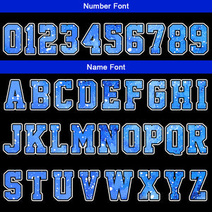 Uniforme de baloncesto personalizado negro y azul con cielo estrellado impreso con tu logotipo-nombre y número