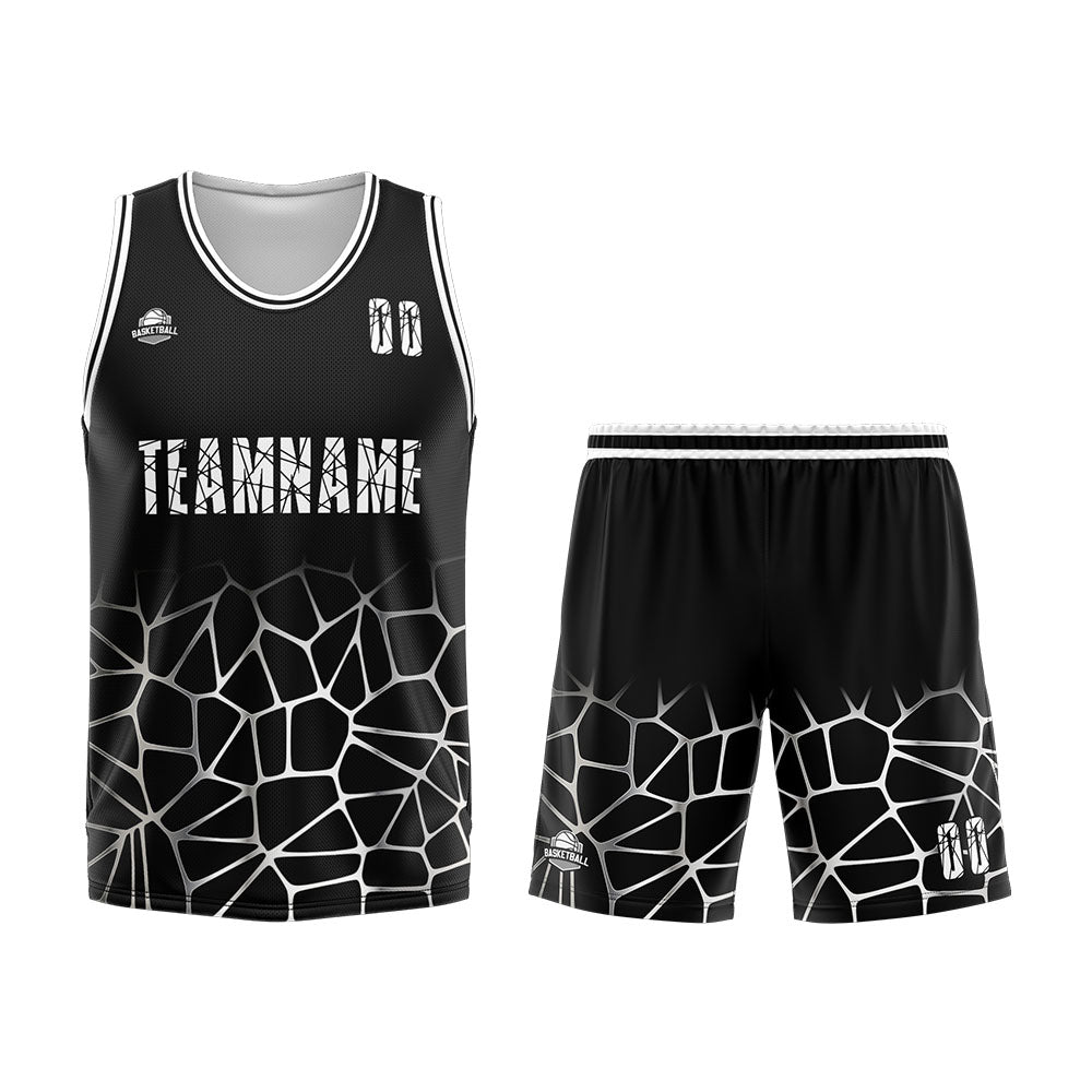 Uniforme de baloncesto personalizado en blanco y negro con tu logotipo-nombre y número impresos
