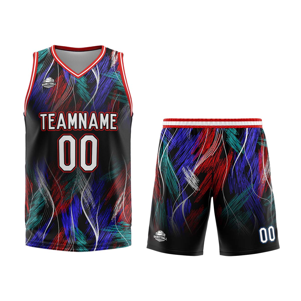Uniforme de baloncesto personalizado negro y rojo con tu logotipo-nombre y número impresos