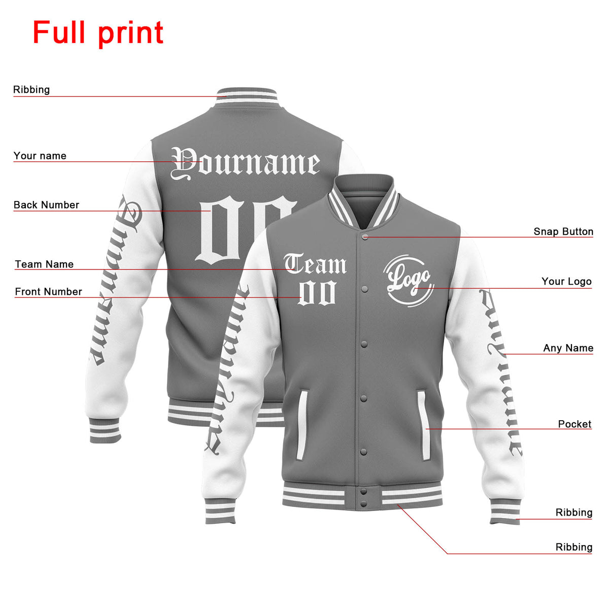 Chaqueta universitaria personalizada estilo Letterman para hombres-mujeres y jóvenes-color gris y blanco
