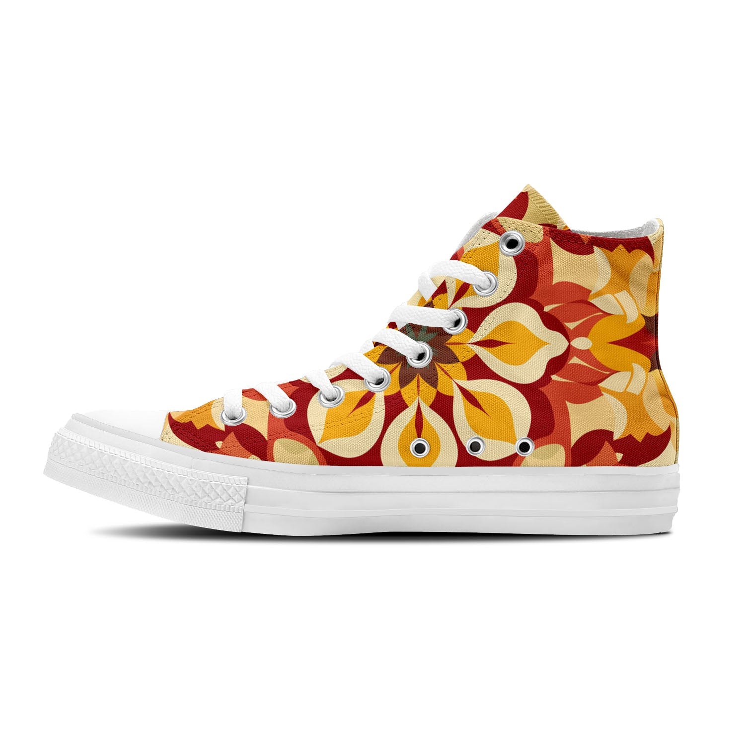 Recorre las calles con un estilo inigualable gracias a nuestras zapatillas de lona de corte medio-que presentan intrincados diseños de inspiración marroquí en una vibrante paleta de rojos-amarillos y verdes