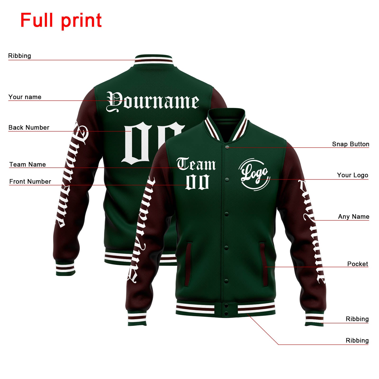 Chaqueta universitaria personalizada estilo Letterman para hombres-mujeres y jóvenes-color verde y marrón