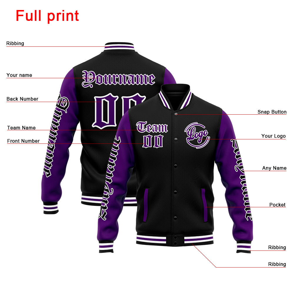Chaqueta universitaria personalizada estilo Letterman para hombres-mujeres y jóvenes-color morado y negro