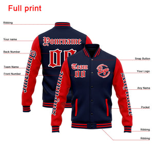 Chaqueta universitaria personalizada estilo Letterman para hombres-mujeres y jóvenes-color azul marino y rojo