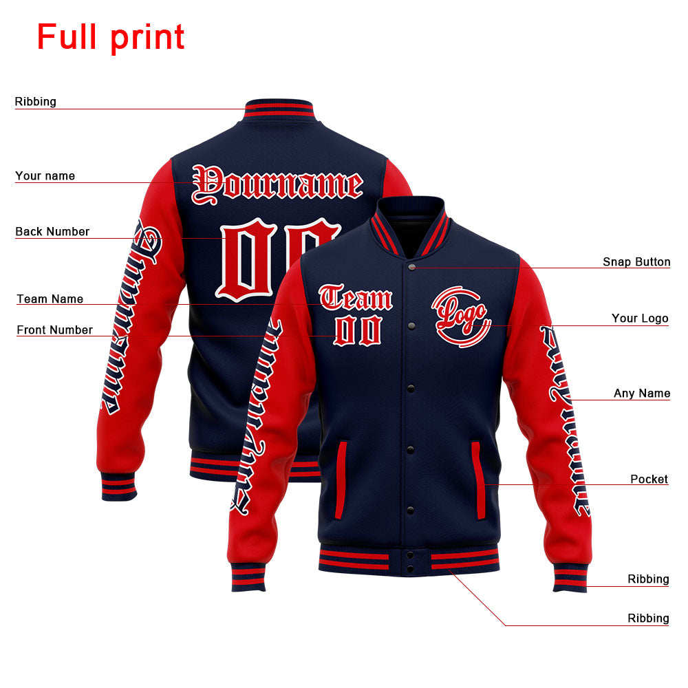 Chaqueta universitaria personalizada estilo Letterman para hombres-mujeres y jóvenes-color azul marino y rojo
