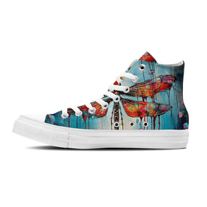 Ink Fusion: Zapatillas unisex de media caña de lona -Sumérgete en el arte del goteo con diseños dinámicos de libélulas para hombres y mujeres