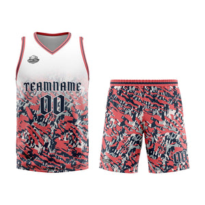 Uniforme de baloncesto personalizado en blanco-rosa y azul marino con tu logotipo-nombre y número impresos
