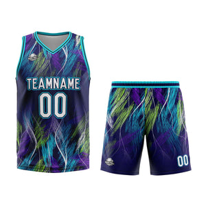 Uniforme de baloncesto personalizado morado y azul claro con su logotipo-nombre y número impresos