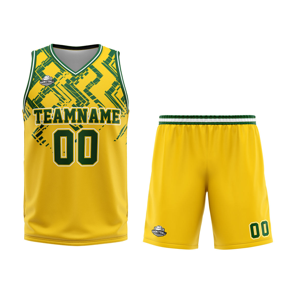 Uniforme de baloncesto personalizado amarillo y verde con tu logotipo-nombre y número impresos