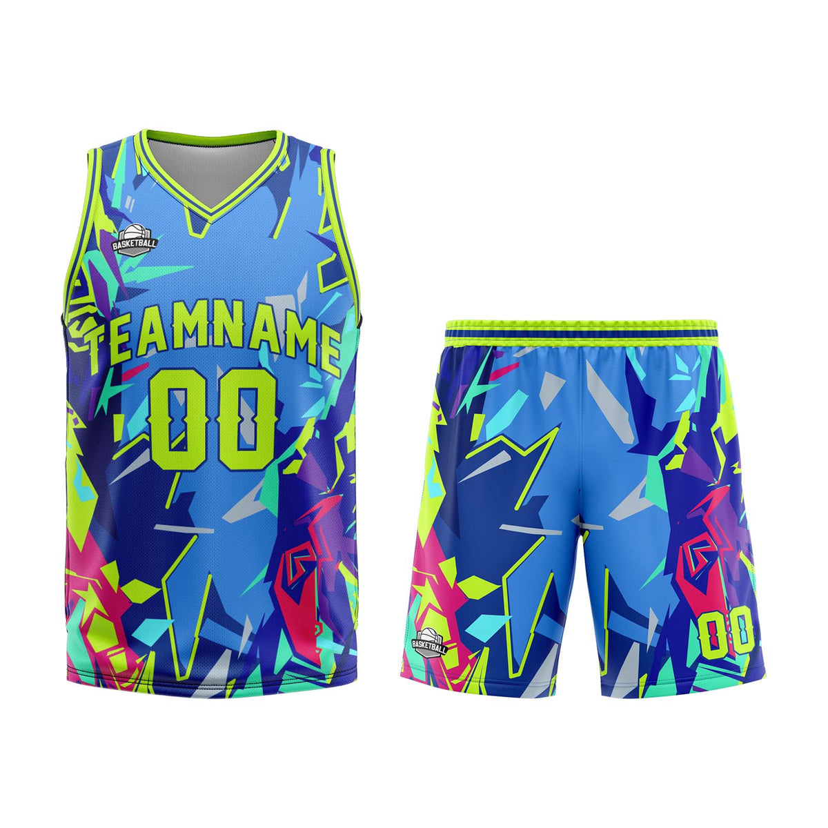 Uniforme de baloncesto personalizado de color verde neón roto con tu logotipo-nombre y número impresos