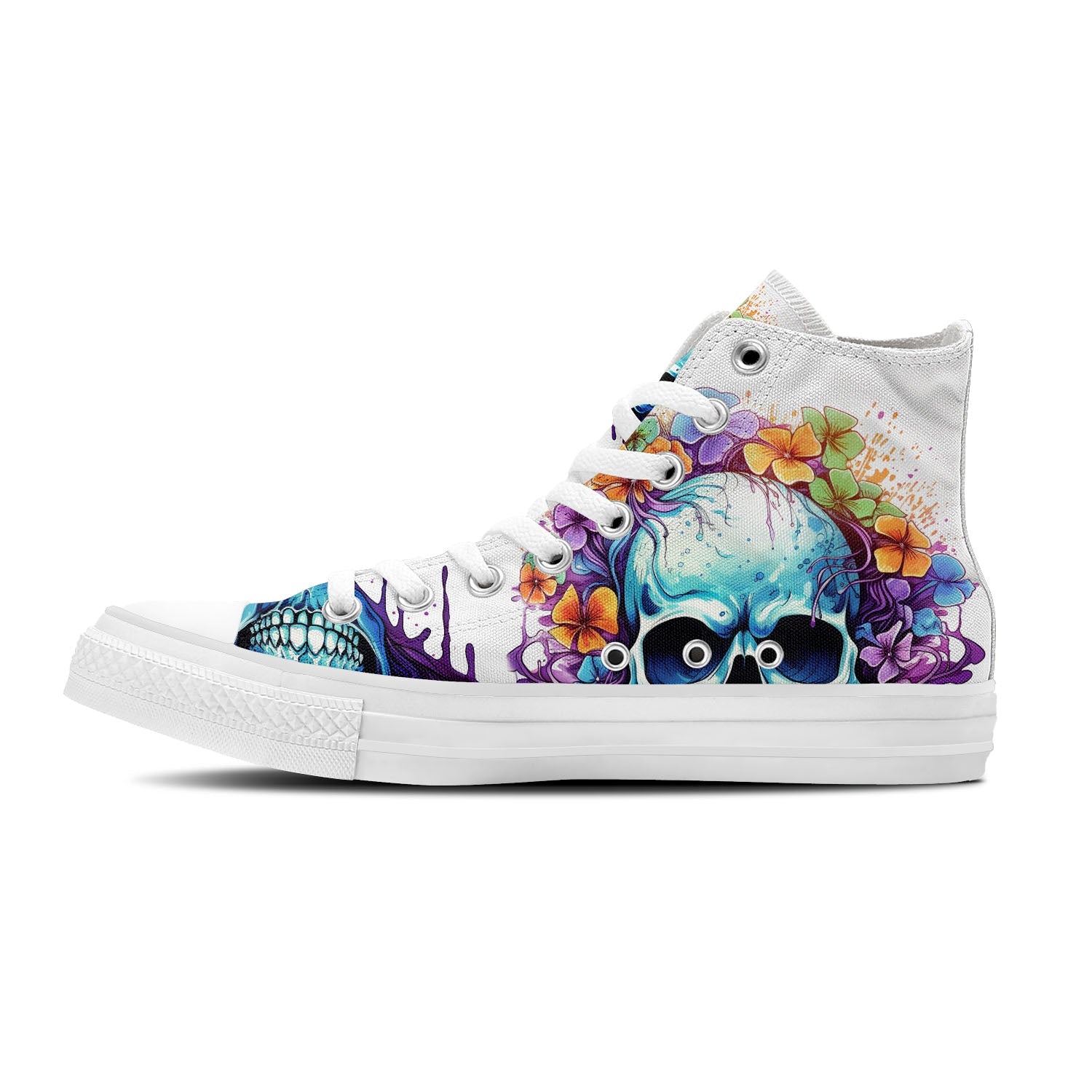 Skull Symphony: Zapatillas unisex de media caña de lona -Adéntrate en una vibrante melodía de color con un diseño de lápiz inspirado en calaveras para hombres y mujeres