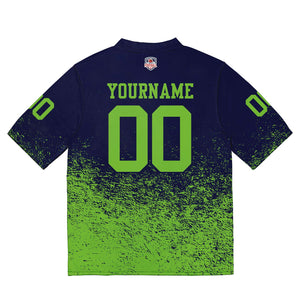 Camiseta de fútbol personalizada con nombre y número del equipo bordados-color azul marino y verde neón
